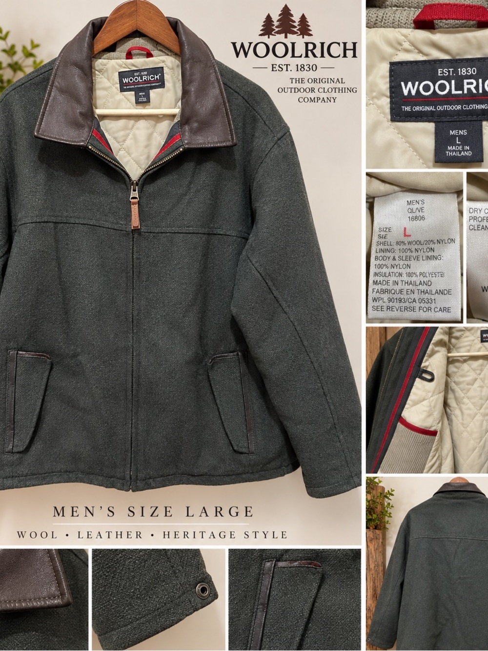 Woolrich Men's Dark Olive Zip-Up Jacket Y2K